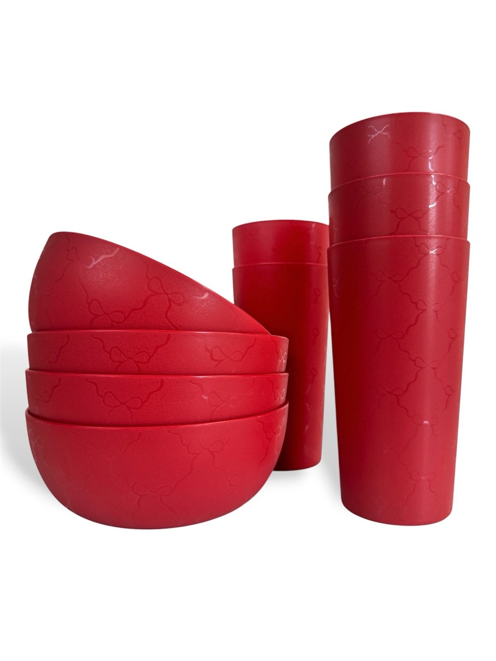 Mainstays Bow Bowls and Tumbler Cups Red 9-Piece Dinnerware Set NWT